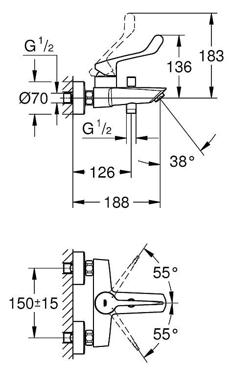 Grohe Einhebel-Wannenmischer Eurosmart, langer Hebel