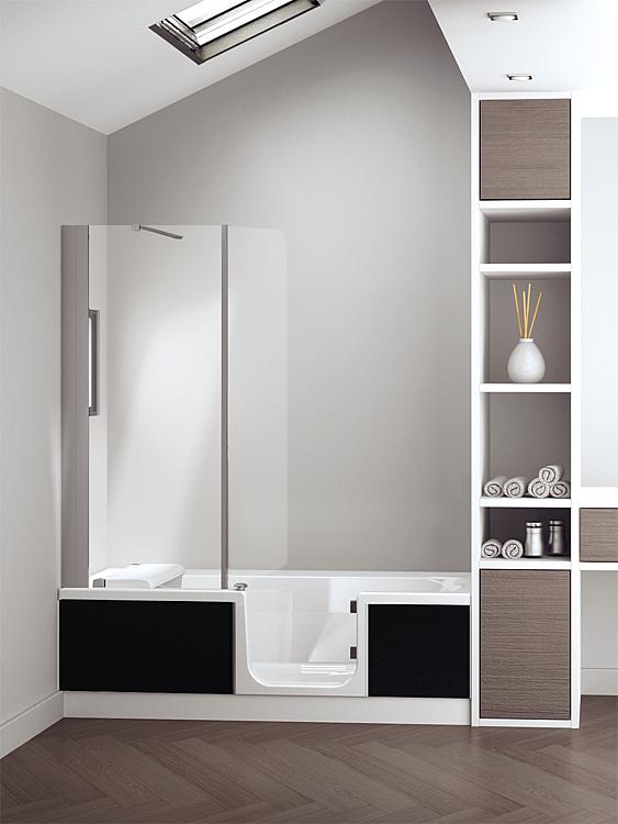 Badewanne mit Duschbereich zur Eckmontage, schwarz