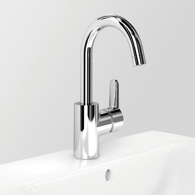 Waschtischmischer Helconnect Blue, seitliche Betätigung, Niederdruck, schwenkbar