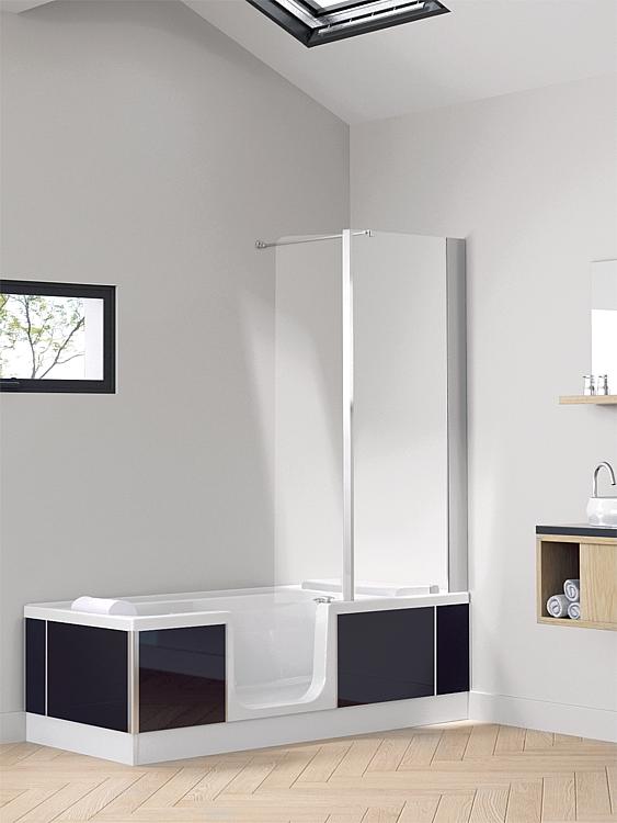 Badewanne mit Duschbereich zur Eckmontage, schwarz
