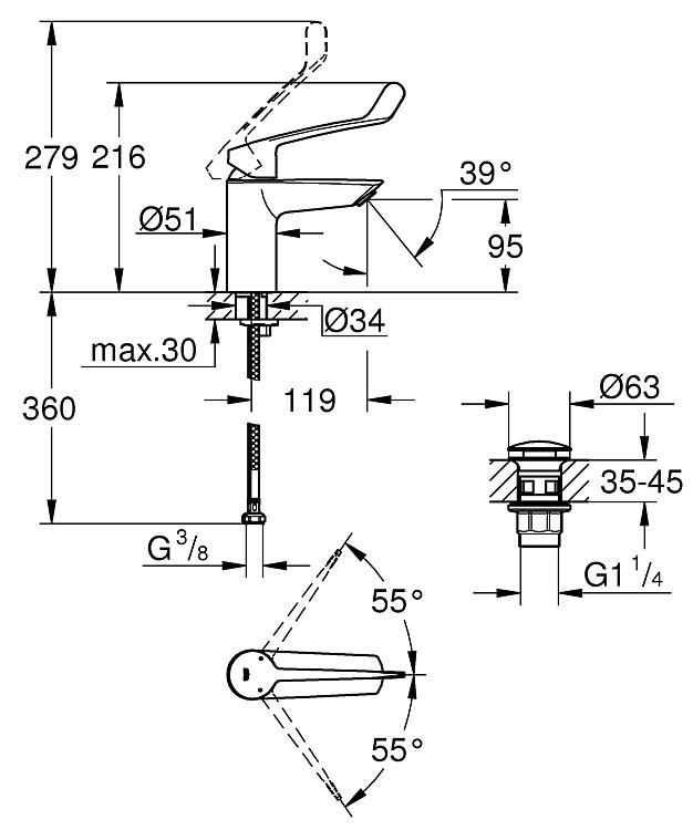 Grohe Waschtischmischer Eurosmart S-Size, langer Hebel